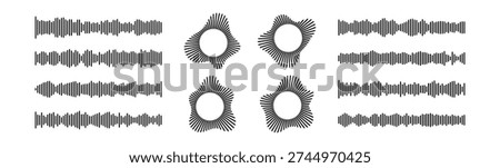 Sound wave collection with circular radial patterns and horizontal waveforms in black on white background. Audio frequency lines forming podcast icons, music equalizers and geometric soundwave bursts