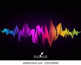 Sound wave concept. Colorful digital equalizer. Abstract audio element. Music pulse on dark background. Futuristic color element. Bright beat analyzer. Audio player design. Vector illustration.