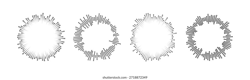 Os pontos de onda sonora formam um padrão de áudio circular com linhas radiais. Ícone do equalizador de música com anéis concêntricos e visualização dinâmica da frequência de som.