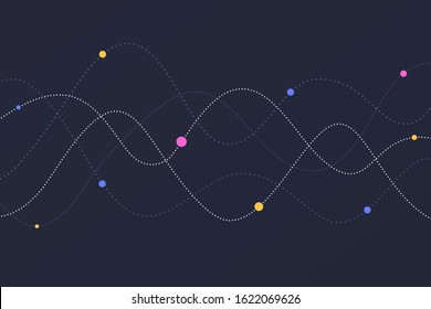 Sound wave dotted with colored circles. Abstract network background for musical poster, flyer, invitation. White dot lines on black wallpaper. Vector illustration in flat style.