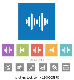 Sound wave flat white icons in square backgrounds. 6 bonus icons included.