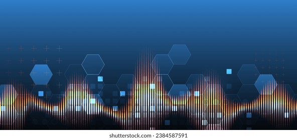 Sound wave with glowing hexagones. Dynamic vibration wallpaper. Frequency pulse modulation. Handmade vector illustration.