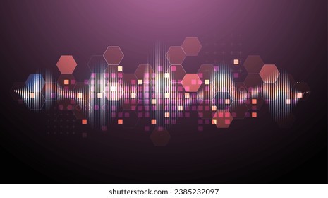 Sound wave with glowing hexagones. Dynamic vibration wallpaper. Frequency pulse modulation. Handmade vector illustration.