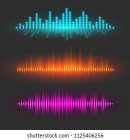 Sound wave graphical depiction, abstract waveforms or digital equalizer, sound pulses or musical rhythm illustrations, set of vector design elements