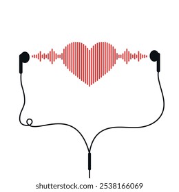 Forma do coração da onda sonora em fones de ouvido. Emblema de música isolado no fundo branco. Equalizador de música. Ilustração vetorial