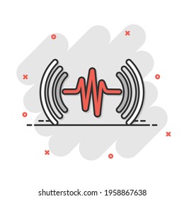 Sound wave icon in comic style. Heart beat vector cartoon illustration on white isolated background. Pulse rhythm splash effect business concept.