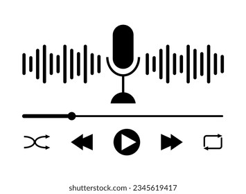 Sound-Wave-Icon, Podcast-Player-Schnittstelle, Musiksymbol, Schallwelle, Ladebalken und Tasten. Mikrofon-Schallwellen-Vektorgrafik.