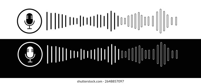 Sound wave icon podcast player interface icon, music symbol, sound wave. Microphone icon with sound wave. Vector illustration.
