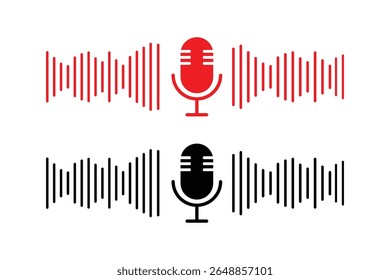 Sound wave icon podcast player interface icon, music symbol, sound wave. Microphone icon with sound wave. Vector illustration.
