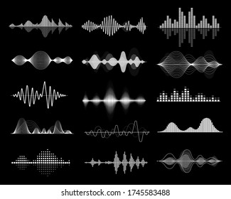 Sound Wave Icon set. Equalize audio and music white waves collection, melody volume level symbol. Vector .