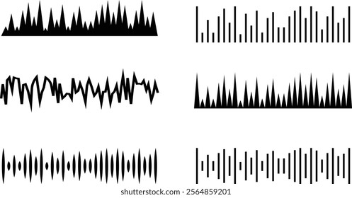 Sound wave icon set. Sound waves, Equalizer Audio waves Radio signal Music Recording. Vector black lines collection isolated on transparent background abstract digital equalizers for mobile app web.