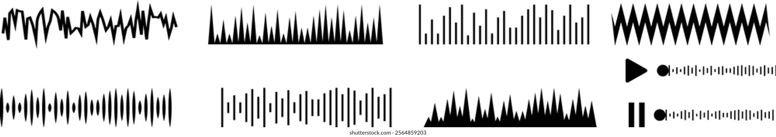 Sound wave icon set. Sound waves, Equalizer Audio waves Radio signal Music Recording. Vector black lines collection isolated on transparent background abstract digital equalizers for mobile app web.