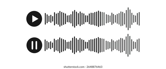 Sound Wave Icons with Play and Pause Symbols – Minimal Audio Waveform, voice message waveform Vector for Music, Voice, and Media Interface.
