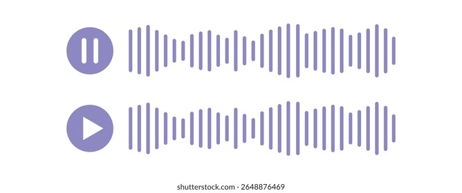 Sound Wave Icons with Play and Pause Symbols – Minimal Audio Waveform, voice message waveform Vector for Music, Voice, and Media Interface.