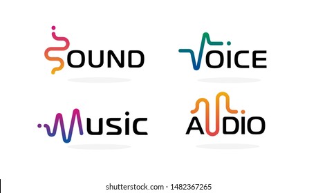 Sound wave icons set. Music waves symbols. Audio logos template. Voice equalizer emblems idea. Modern creative vector logotype collection on blank background.