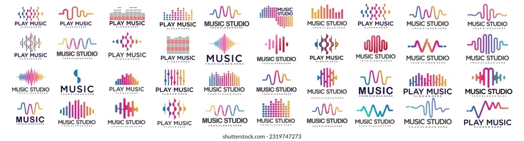 Sound wave icons set. Music waves symbols. Audio logos template. Voice equalizer emblems idea.