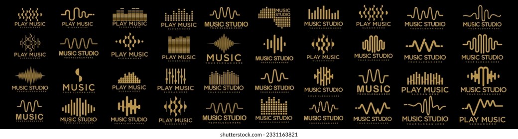 Iconos de ondas de sonido configurados. Símbolos de ondas musicales. Plantilla de logotipos de audio. El ecualizador de voz emblema la idea.