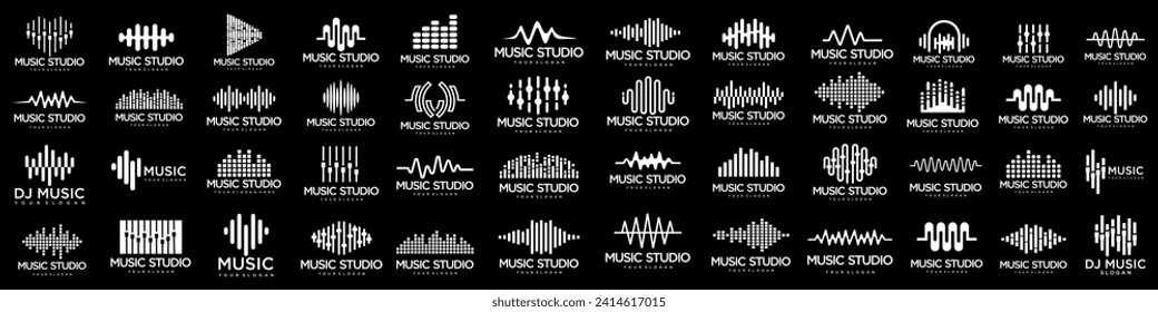 Iconos de ondas de sonido configurados. Símbolos de ondas musicales. Plantilla de logotipos de audio. El ecualizador de voz emblema la idea.