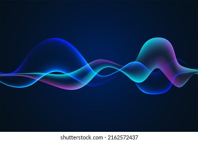 Sound wave illustration on a dark background. Abstract blue digital equalizer indicators. Voice graph meter or audio electronic tracks.Vector horizontal sonic vibration spectrum.
