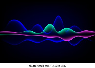 Sound wave illustration on a dark background. Abstract blue digital equalizer indicators. Voice graph meter or audio electronic tracks.Vector horizontal sonic vibration spectrum.
