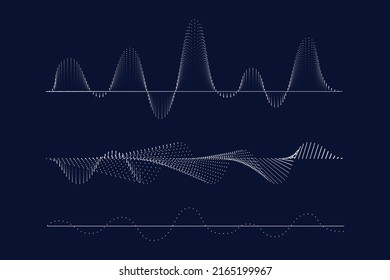 Sound wave illustration on a dark background. Abstract blue digital equalizer indicators. Voice graph meter or audio electronic tracks.Vector horizontal sonic vibration spectrum.
