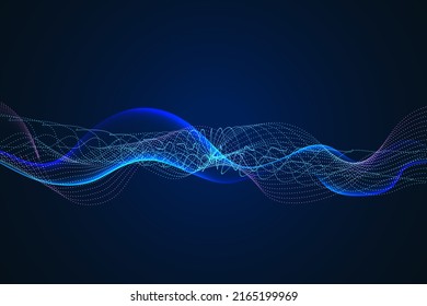 Sound wave illustration on a dark background. Abstract blue digital equalizer indicators. Voice graph meter or audio electronic tracks.Vector horizontal sonic vibration spectrum.
