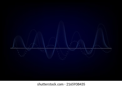 Sound wave illustration on a dark background. Abstract blue digital equalizer indicators. Voice graph meter or audio electronic tracks.Vector horizontal sonic vibration spectrum.
