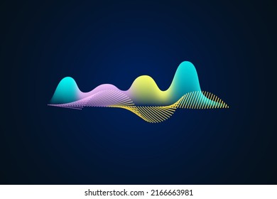 Sound wave illustration on a dark background. Abstract blue digital equalizer indicators. Voice graph meter or audio electronic tracks.Vector horizontal sonic vibration spectrum.
