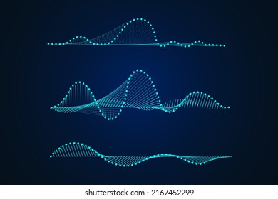 Sound wave illustration on a dark background. Abstract blue digital equalizer indicators. Voice graph meter or audio electronic tracks.Vector horizontal sonic vibration spectrum.
