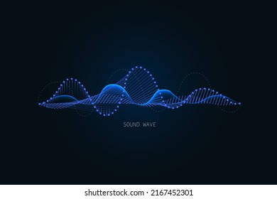 Sound wave illustration on a dark background. Abstract blue digital equalizer indicators. Voice graph meter or audio electronic tracks.Vector horizontal sonic vibration spectrum.
