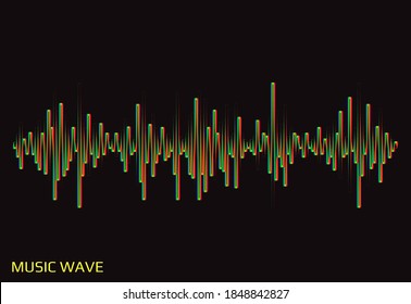 Ilustración de ondas sonoras. Logo del reproductor de pulso del arco iris vectorial. Elemento ecualizador colorido sobre un fondo negro