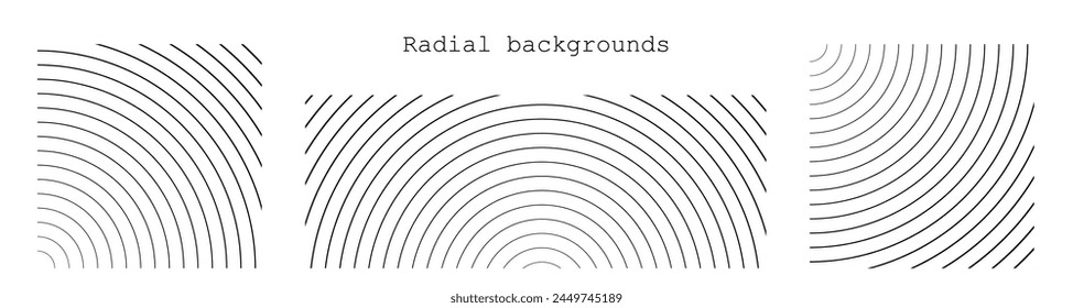 Sound wave irradiation or circular vibrations on the water surface. Set or circular stripe backgrounds. Abstract radial pattern. Square and rectangular monochrome backdrops. Vector illustration