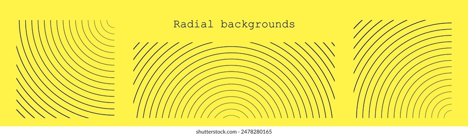 Irradiación de ondas sonoras o vibraciones circulares en la superficie del agua. Fondos de franjas fijas o circulares. Abstractas patrón radial. Fondos monocromos cuadrados y rectangulares. Ilustración vectorial