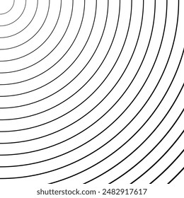 Sound wave irradiation or circular vibrations on the water surface. Circular quarter circle lines stripe background. Abstract radial pattern. Square monochrome backdrop. Vector illustration