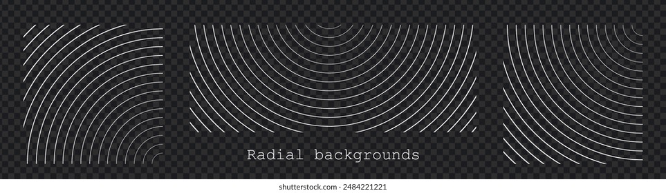 Sound wave irradiation or circular vibrations on the water surface. Set or circular stripe backgrounds. Abstract radial pattern. Square and rectangular monochrome backdrops. Vector illustration