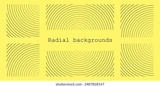 Sound wave irradiation or circular vibrations on the water surface. Set or circular stripe backgrounds. Abstract radial pattern. Square and rectangular monochrome backdrops. Vector illustration