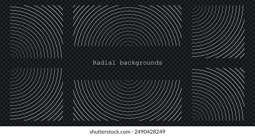 Sound wave irradiation or circular vibrations on the water surface. Set or circular stripe backgrounds. Abstract radial pattern. Square and rectangular monochrome backdrops. Vector illustration