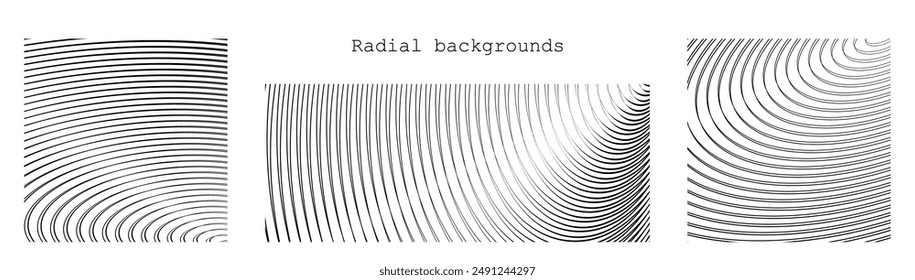 Sound wave irradiation or circular vibrations on the water surface. Set of circular oval stripe backgrounds. Abstract radial oblique smooth lines pattern. Monochrome backdrops. Vector illustration.