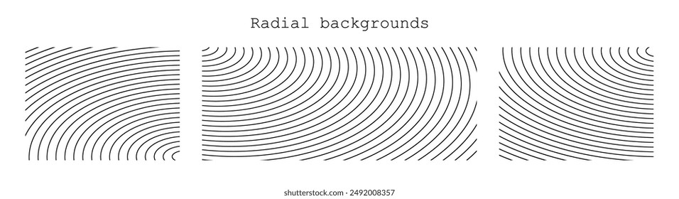 Sound wave irradiation or circular vibrations on the water surface. Set of circular oval stripe backgrounds. Abstract radial oblique smooth lines pattern. Monochrome backdrops. Vector illustration.