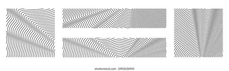 Irradiación de ondas sonoras o vibraciones circulares en la superficie del agua. Conjunto de fondos circulares de anillos de árbol. Abstractas radial oblicuo patrón de líneas lisas. colección de Vector de fondos monocromos