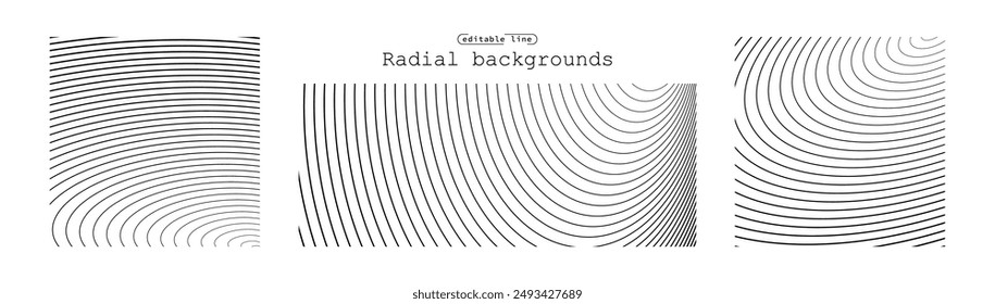 Sound wave irradiation or circular vibrations on the water surface. Set of circular oval stripe backgrounds. Abstract radial oblique smooth lines pattern. Monochrome backdrops. Vector illustration.