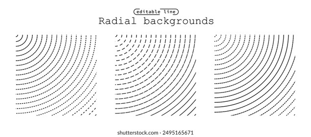 Sound wave irradiation or circular vibrations on the water surface. Set of circular oval dot striped backgrounds. Abstract radial oblique smooth dash lines pattern. Vector monochrome backdrops