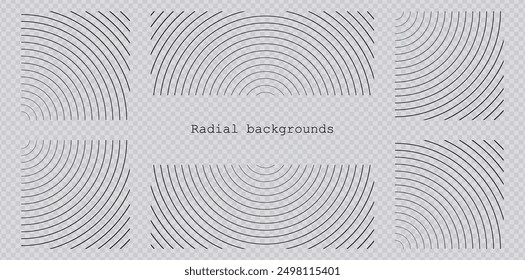 Sound wave irradiation or circular vibrations on the water surface. Set or circular stripe backgrounds. Abstract radial pattern. Square and rectangular monochrome backdrops. Vector illustration