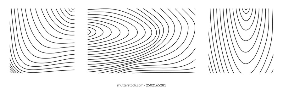 Sound wave irradiation or circular vibrations on the water surface. Set of circular tree rings backgrounds. Abstract radial oblique smooth lines pattern. Vector collection of monochrome backdrops