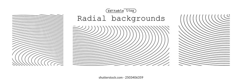 Sound wave irradiation or circular vibrations on the water surface. Set of circular oval stripe backgrounds. Abstract radial oblique smooth lines pattern. Monochrome backdrops. Vector illustration.