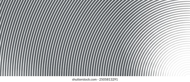 Sound wave irradiation or circular vibrations on the water surface. Circular quarter circle lines stripe background. Abstract radial pattern. Rectangular monochrome backdrop. Vector illustration