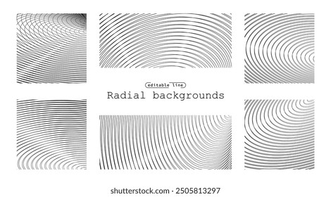 Sound wave irradiation or circular vibrations on the water surface. Set of circular oval stripe backgrounds. Abstract radial oblique smooth lines pattern. Monochrome backdrops. Vector illustration.