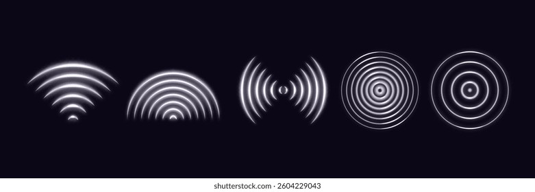 Sound Wave Light Effect. Wifi Sensor Signal. Neon Glow Radio Radar on Dark Background. Vector Abstract Digital Technology Icons