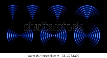 Sound wave light effect. Wifi signal glow. Neon radar sensor. Set with laser vector abstract elements.