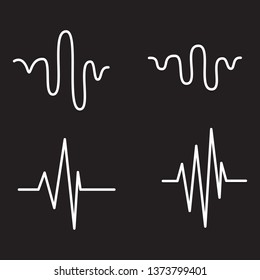 Sound wave line icon set isolated on black background. Collection of white audio music sound wave thin line icons for web, sinusoidal, music app and logo design. Creative concept, vector illustration